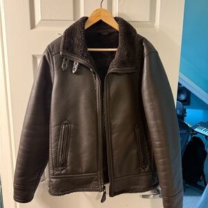 Guess Men's Dark Brown Leather Jacket with Shearling Collar